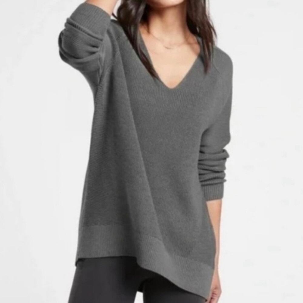 Athleta Hanover Ribbed V-Neck Wool Blend Sweater Women's Large Gray